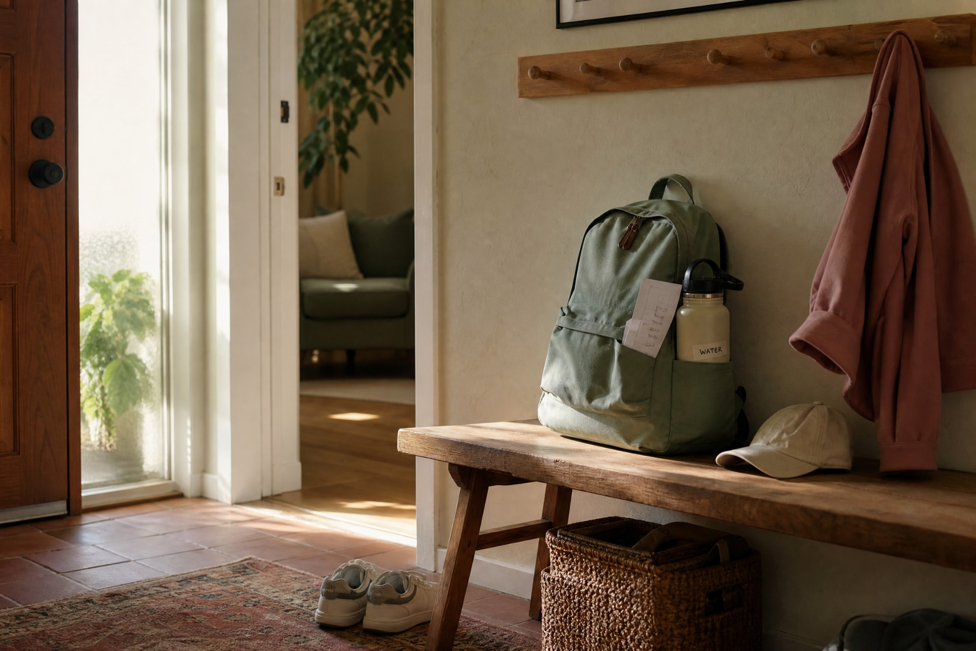 A packed backpack, water bottle, jacket, and shoes waiting by a sunlit front door.