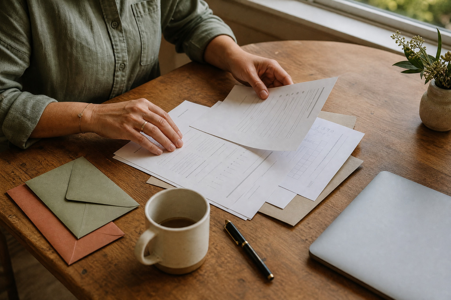 Hands sorting through school forms and paperwork at a kitchen table in daylight.