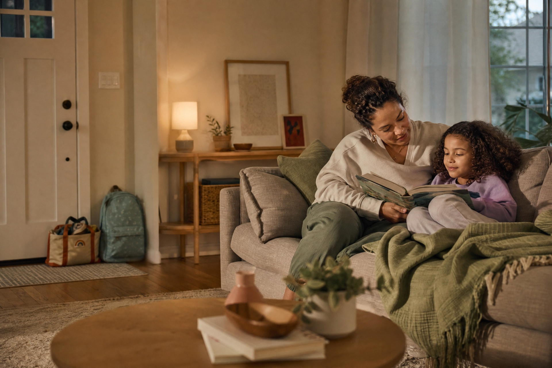 A parent and child reading together on a sofa in the evening, a packed backpack by the door.